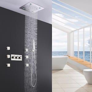 12 in. 0-Jet Thermostatic Ceiling Mount LED Rainfall Shower System with Side Bathroom Shower Mixer Set in Brushed
