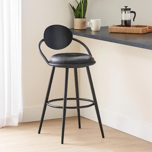 40.5 in. H Black Low Back Wood Bar Stool with Faux Leather Seat