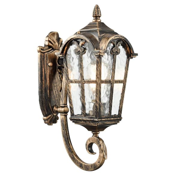 9 in. Gold Outdoor Hardwired Lantern Wall Sconce with No Bulbs Included