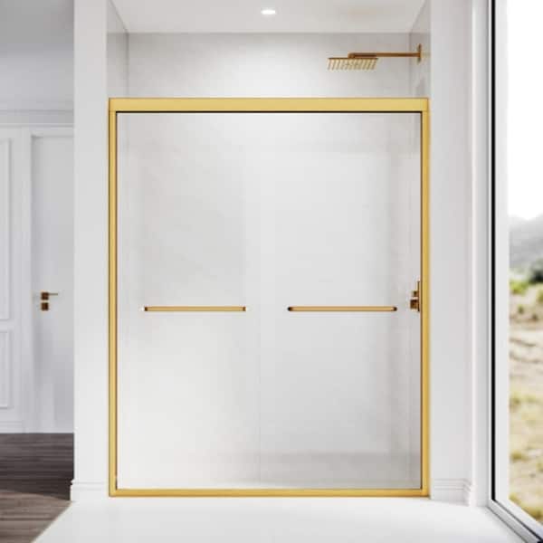 54 in. W x 72 in. H Sliding Semi Frameless Shower Door in Brushed Gold Finish with Clear Glass, Stainless Steel Handle