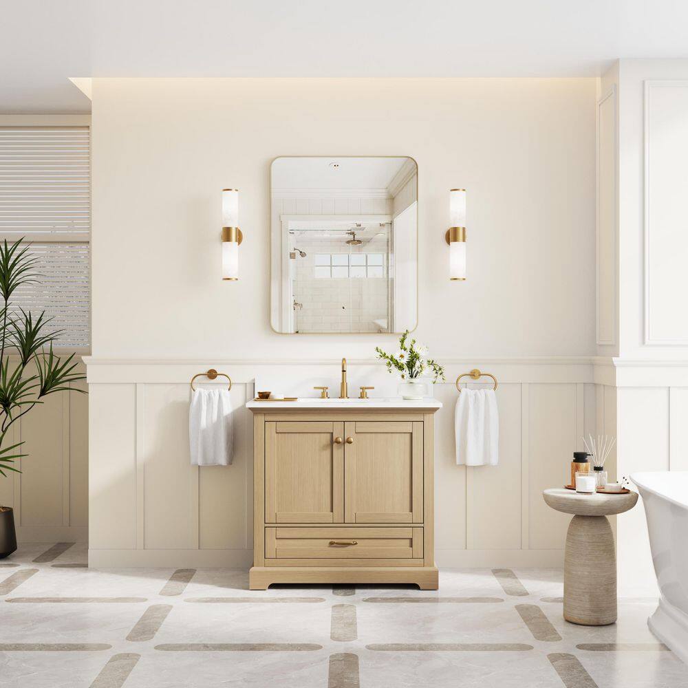 LVD 36 in. Freestanding Solid Wood Oak Bath Vanity with White Cultured Marble Top Assembled, Soft-Close Door and Drawers price history on PriceWatchPro