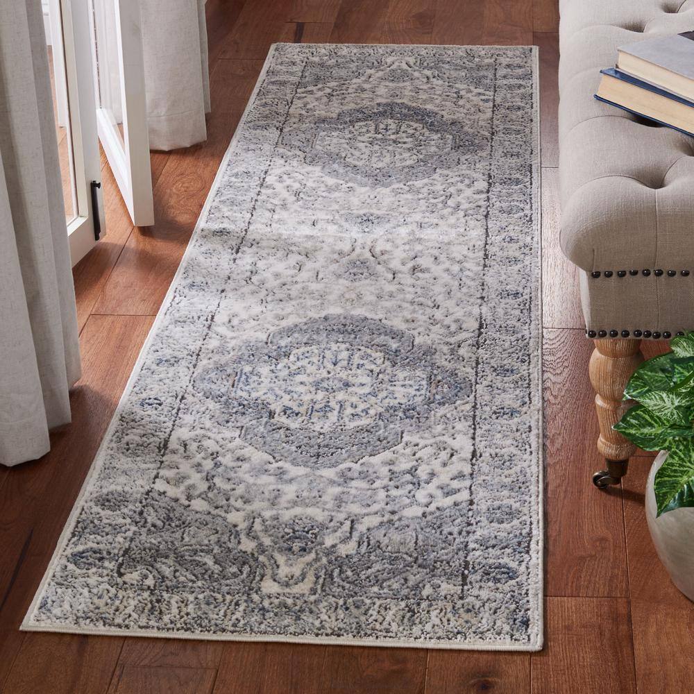 Gray Medallion Stain-Resistant Synthetic Runner Rug