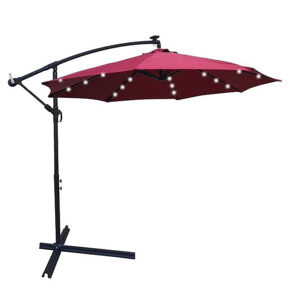 URTR 10 ft Steel Outdoor Sun Shade Market Umbrella Patio Umbrella with Solar Powered LED Light and Cross Base in Burgundy Red