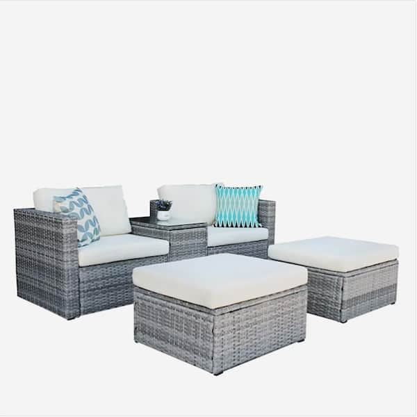 Unbranded Gray 5-Piece Wicker Outdoor Sectional Sofa Set Patio Conversation Set with Beige Cushions, Pillows and Cover