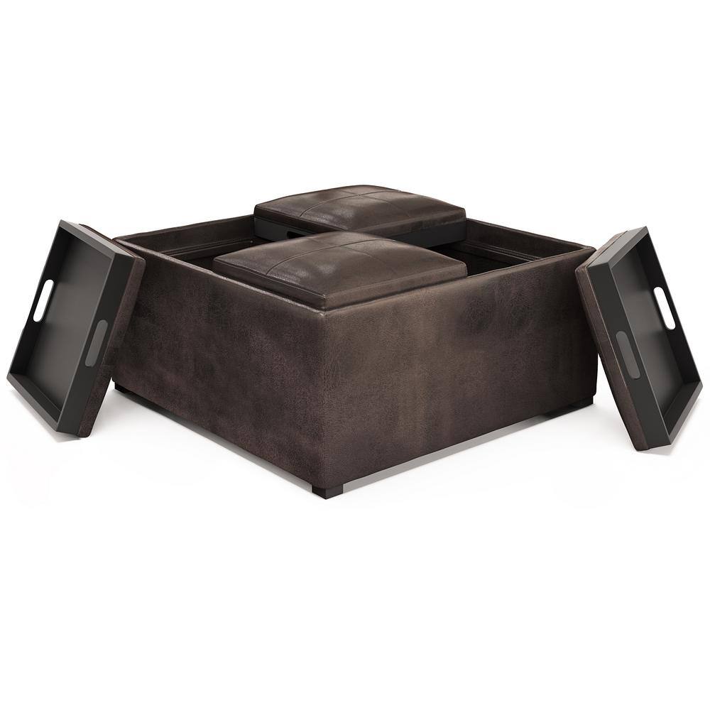 Distressed Brown Faux Leather Square Cocktail Ottoman with Tray