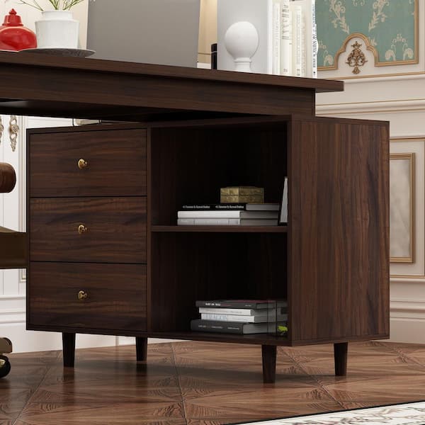 FUFU&GAGA 55.1 in. Width L-Shaped Brown Wooden 3-Drawer Commercial Desk, Computer Desk, Writing Desk with Shelves Storage