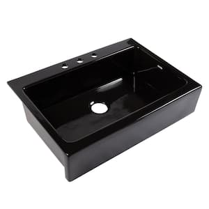 Josephine 34 in. 3-Hole Quick-Fit Farmhouse Apron Front Drop-in Single Bowl Gloss Black Fireclay Kitchen Sink