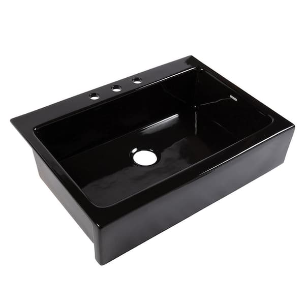 SINKOLOGY Josephine 34 in. 3-Hole Quick-Fit Farmhouse Apron Front Drop-in Single Bowl Gloss Black Fireclay Kitchen Sink