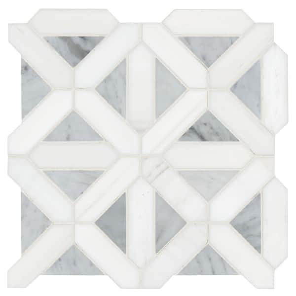MSI Take Home Tile Sample - Geometrica 4 in. x 4 in. Bianco Dolomite Polished Marble Mesh-Mounted Mosaic Tile (0.25 sq. ft.)
