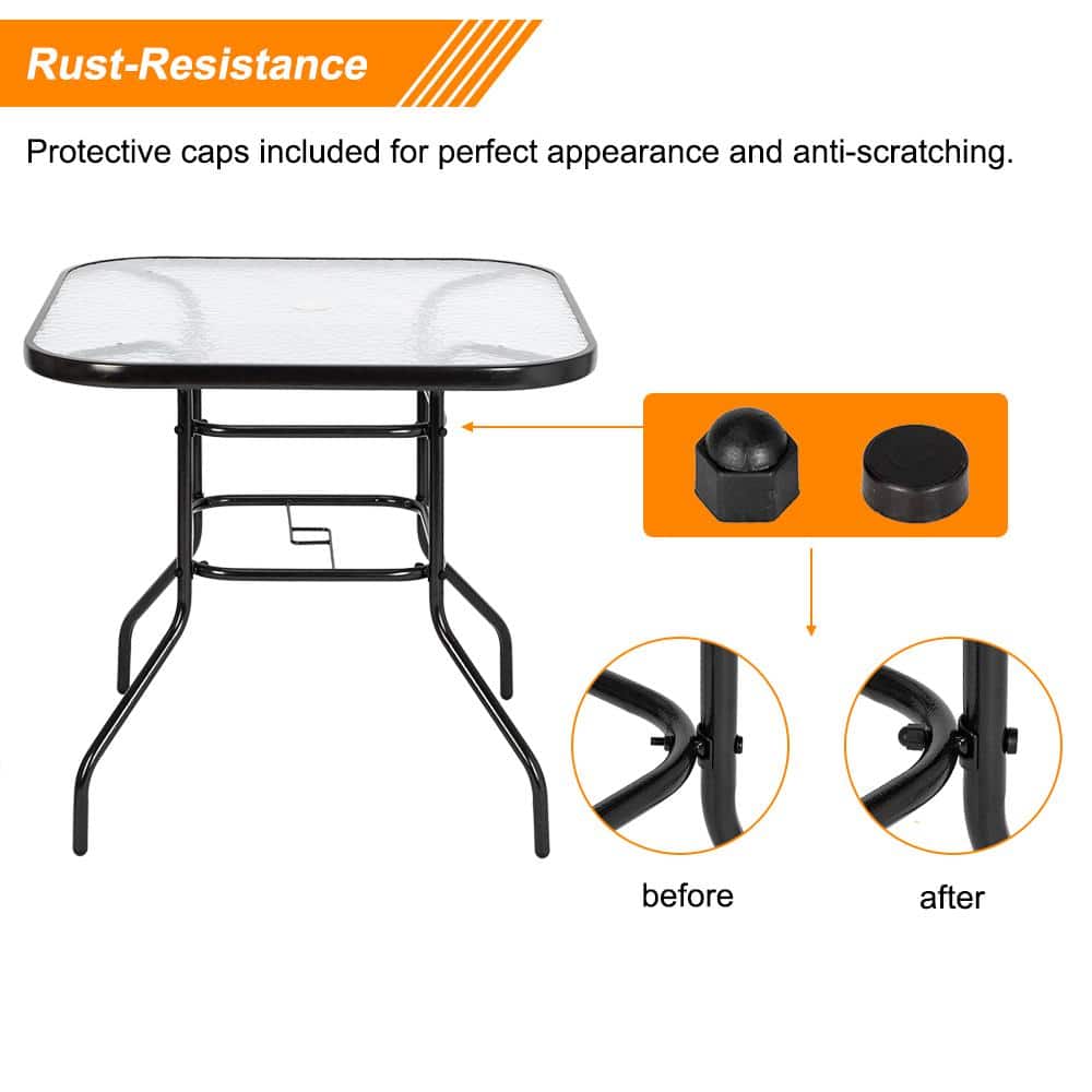 32" Square Black Steel Outdoor Dining Table with Glass Top