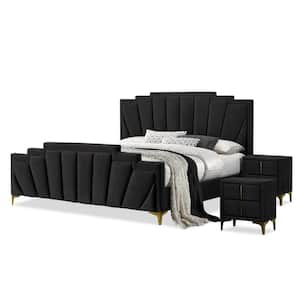 Cedarbrook 3-Piece Art Deco Black Velvet Upholstered Metal Queen Bedroom Set with Care Kit and Nightstands