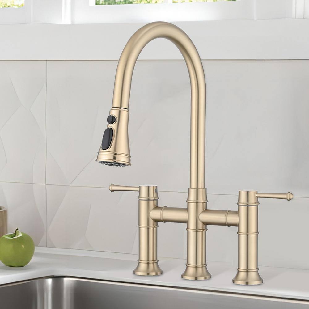 UPIKER Double-Handle 360-Degree Swivel Spout Bridge Kitchen Faucet with ...