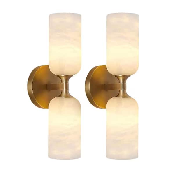 14 in. 2 Light Antique Brass Wall Sconce Alabaster Modern Marble Bathroom Vanity Wall Sconce for Hallway Foyer (2-Piece)