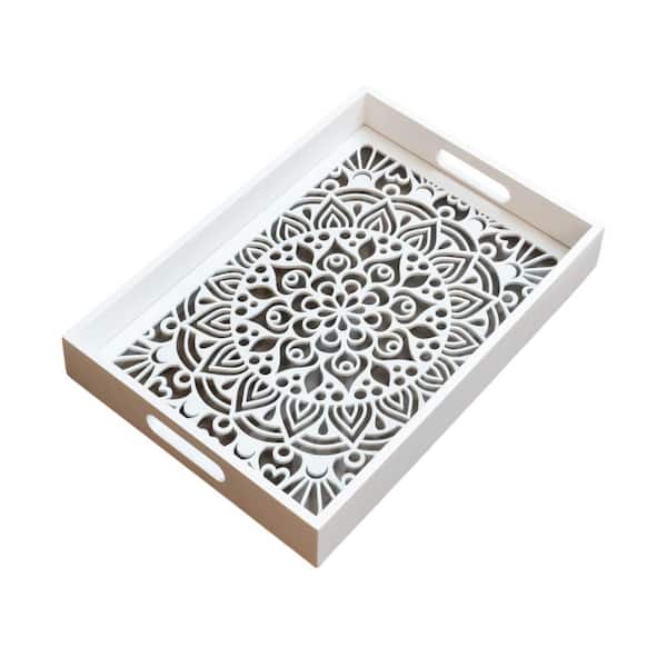 Unbranded White Wooden Serving Tray with Handles Decorative Tray for Coffee Table Kitchen Counter