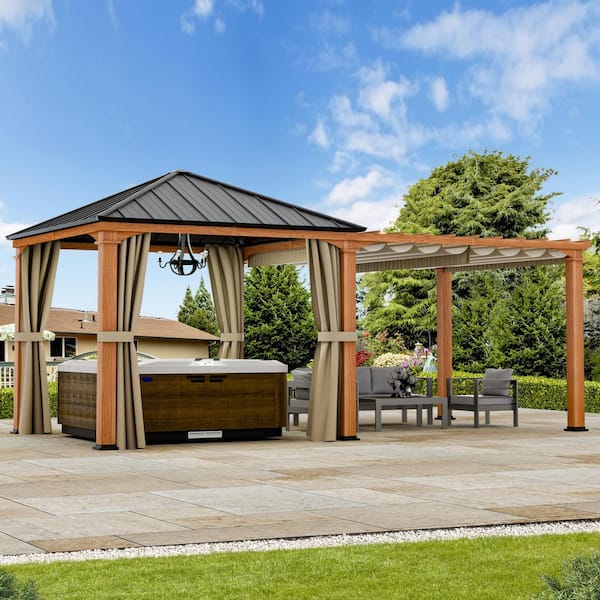 Ultra Series 10 ft. x 20 ft. Pavilion Pergola Hybrid Gazebo, Hardtop Roof with Privacy Curtains, Wood-Looking