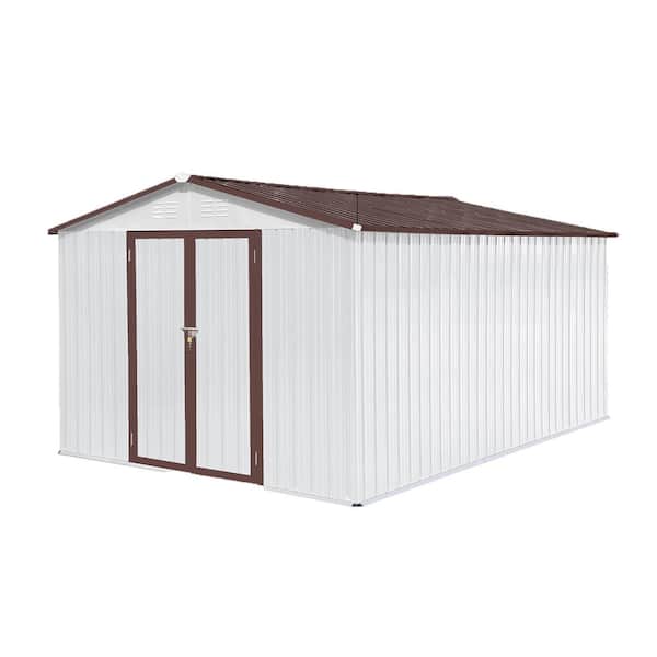 Outdoor 10 ft. W x 12 ft. D Storage Garden Metal Shed Apex Peak Brown Roof with Vent, Aluminum Frame(120 sq. ft.), White