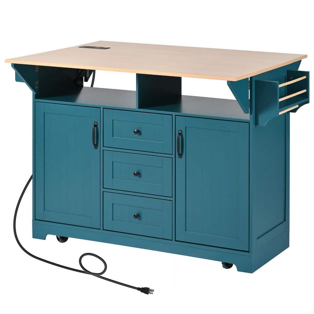 Green Wood 55.7 in. Kitchen Island on 5-Wheels with 2-Drop Leaf, Spice and Towel Rack and 3-Drawers price history on PriceWatchPro