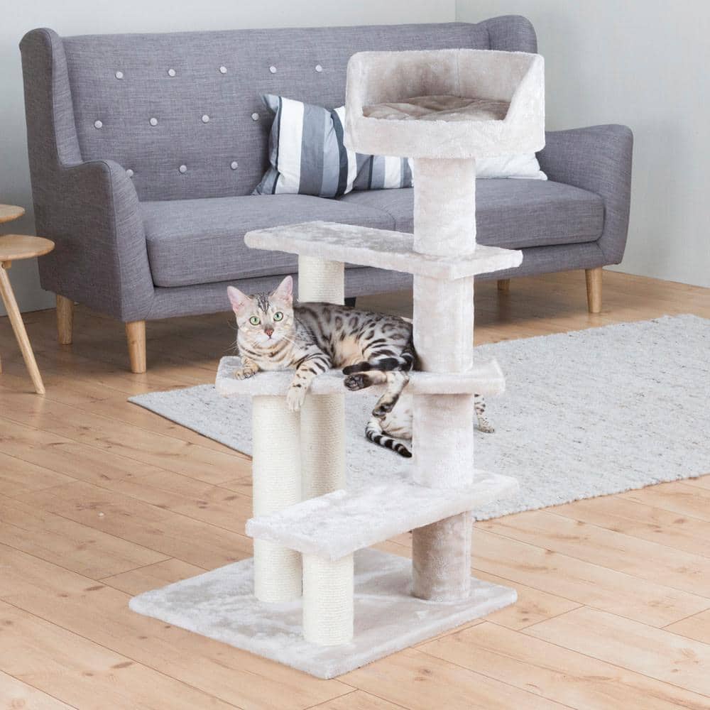 Greige Plush and Sisal 4-Level Cat Tree with Bed