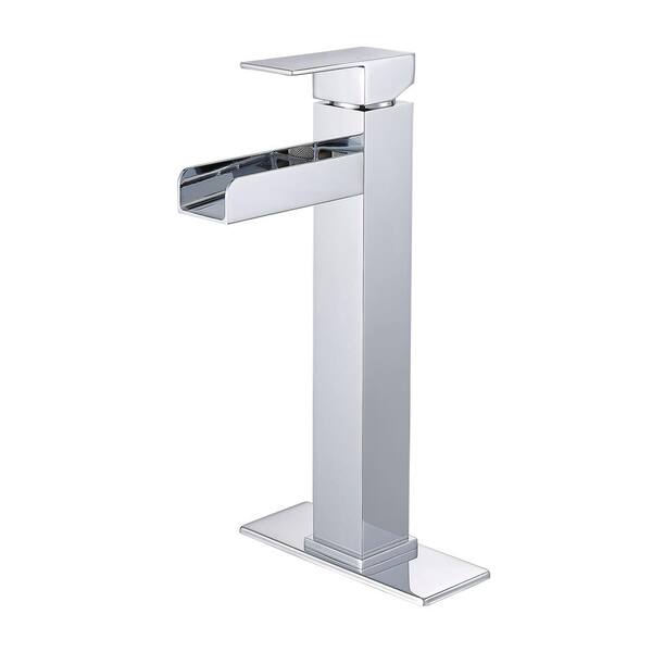 AIMADI Single Handle Waterfall Bathroom Vessel Sink Faucet with Deckplate 1 Hole High Tall Bathroom Faucets in Polished Chrome