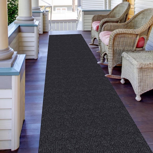Sweet Home Stores Ribbed Waterproof Non-Slip Rubberback Runner Rug 2 ft. 7 in. W x 16 ft. L Black Polyester Garage Flooring