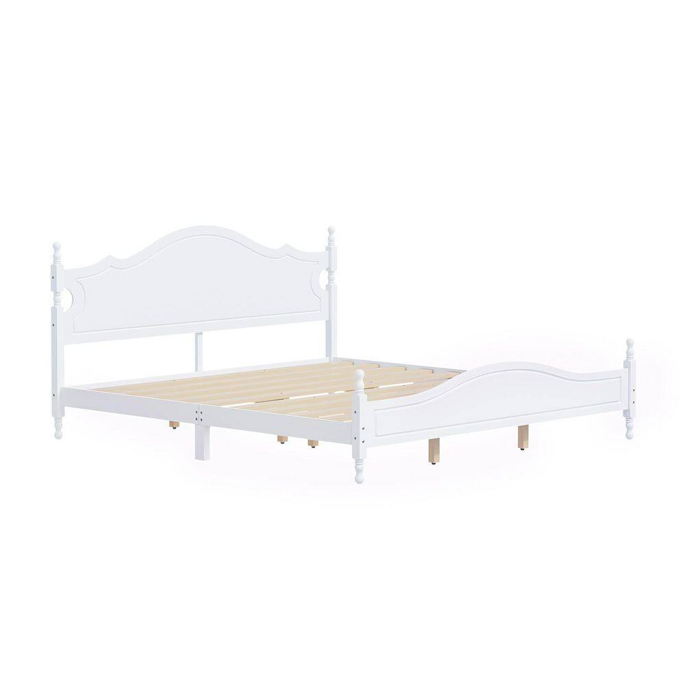 White Wood Frame King Size Platform Bed with Wooden Slat Support Sturdy Mattress Foundation