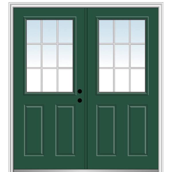 MMI Door 64 in. x 80 in. White Internal Grilles Left-Hand Inswing 1/2-Lite Clear Glass 2-Panel Painted Steel Prehung Front Door