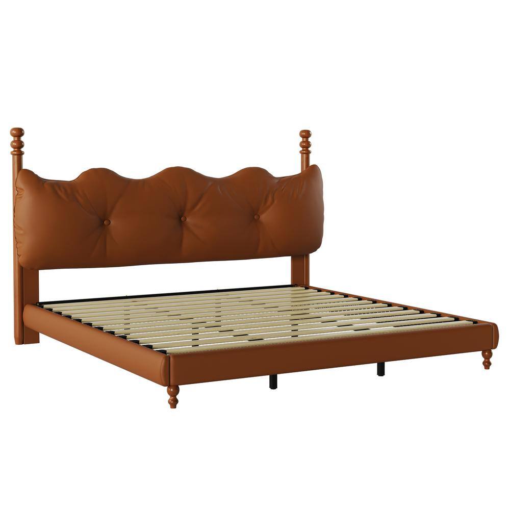 California King Coffee Faux Leather Upholstered Bed with Tufted Headboard