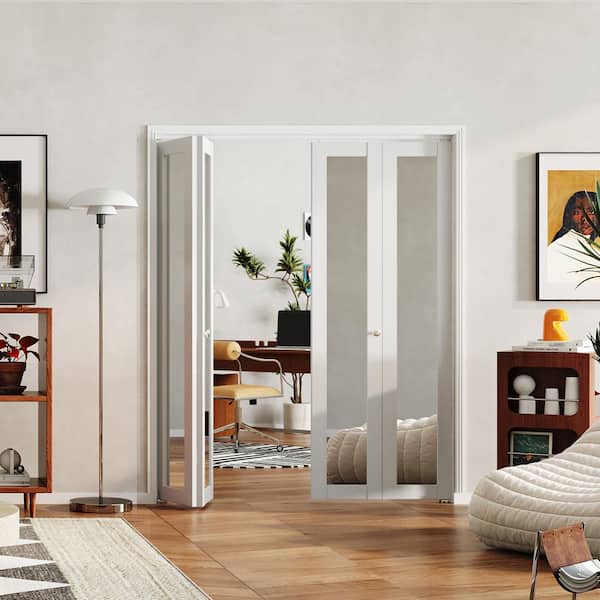 64 in. x 80 in. Full Lite Mirrored Glass Solid Core, MDF, White PVC Covering, Bi-Fold Door for Closet with Hardware Kits