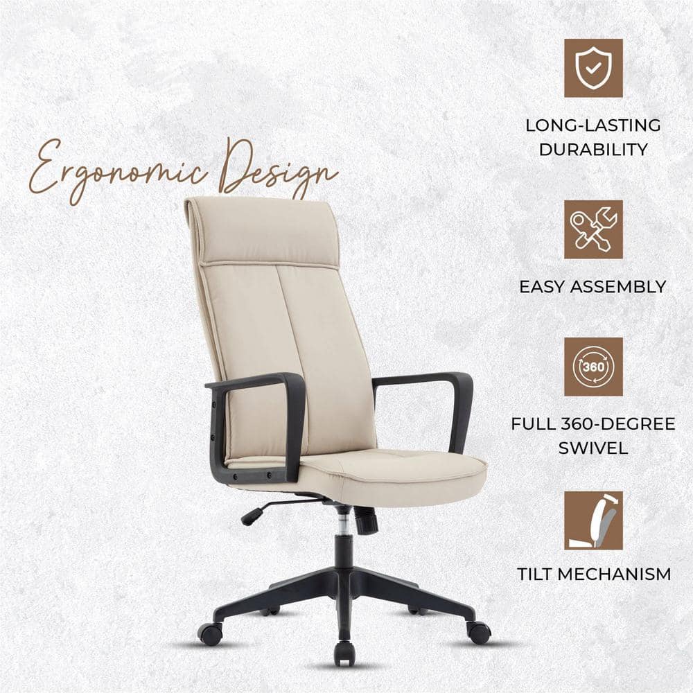 Tan High-Back Leather Office Chair with Fixed Arms