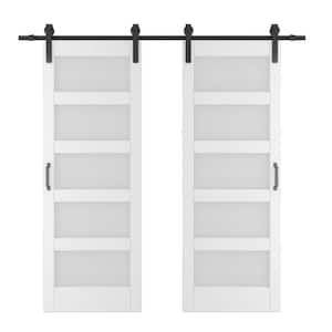 60 in. x 84 in. Double 30 in. Doors White Finished MDF, Frosted Glass, 5-Glass Panel Sliding Barn Door with Hardware Kit