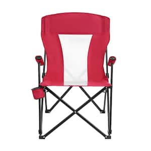 Red Steel Folding Mesh Quad Camping Chair with Cup Holder and Carry Bag for Garden, Patio and Camping
