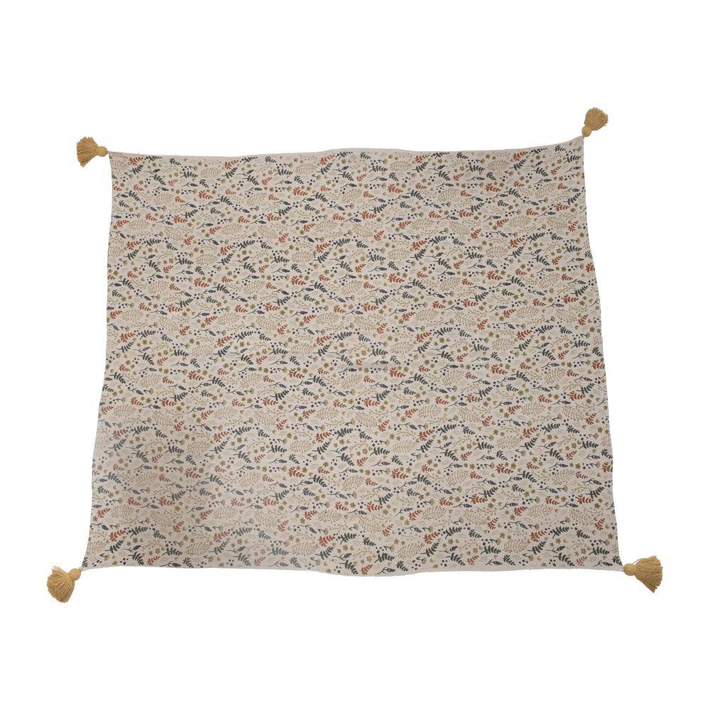 Neutral Floral Cotton Blend Throw Blanket with Tassels, 60" x 50"