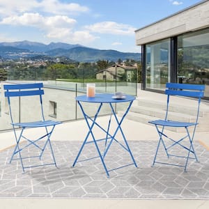 3-Piece Steel All-weather Outdoor Bistro Sets No Assemble Folding Chairs and Table in Blue