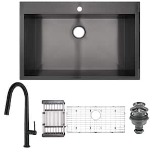 Gunmetal Matte Black Finish Stainless Steel 33 in. x 22 in. Single Bowl Drop-In Kitchen Sink with Pull-down Faucet