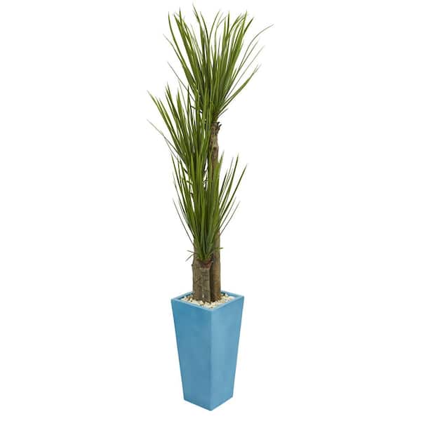 Nearly Natural 6 ft. Indoor Triple Stalk Yucca Artificial Plant in Turquoise Planter