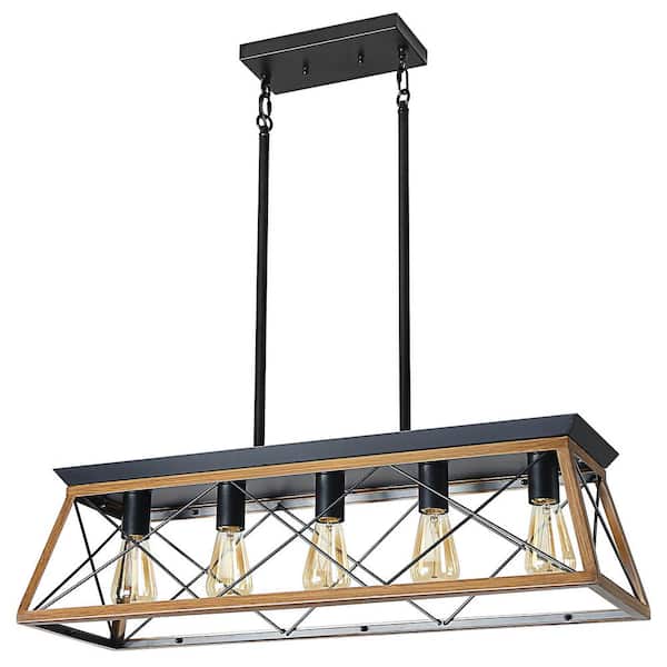 HKMGT Retro 31.5 in.W 5-Light Walnut Rustic Linear Chandelier for Kitchen with No Bulbs Included