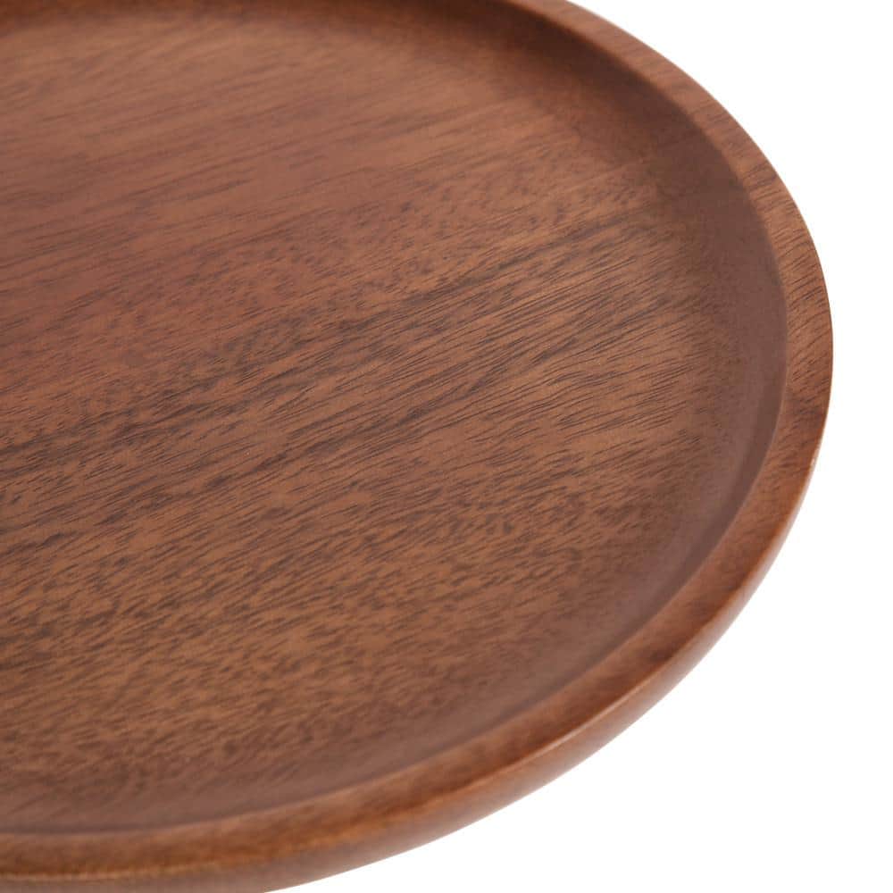 Walnut Brown and Antique Brass Round Wood and Metal Drink Table