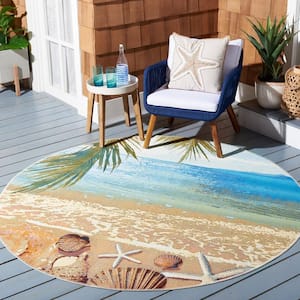 Barbados Gold/Blue 5 ft. x 5 ft. Round Novelty Nautical Indoor/Outdoor Area Rug