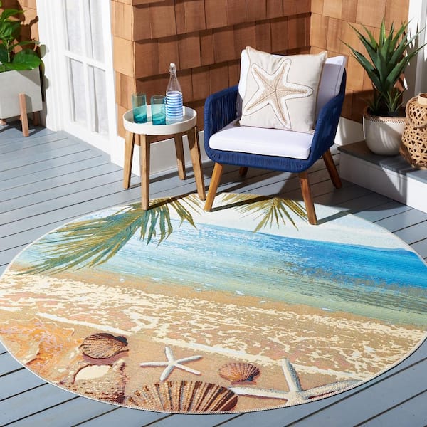 Barbados Gold/Blue 8 ft. x 8 ft. Round Novelty Nautical Indoor/Outdoor Area Rug