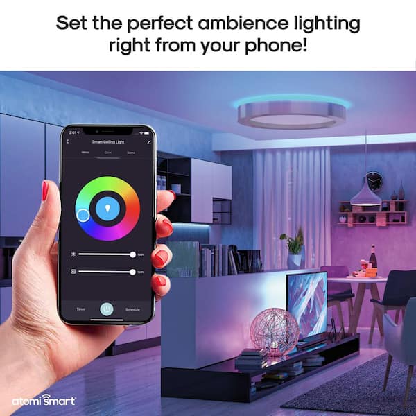 kompakt hjem Takt atomi smart Smart WiFi 16 in. LED 1-Light White and Color Changing Brushed  Nickel Smart WiFi LED Flush Mount Ceiling Light AT1515 - The Home Depot
