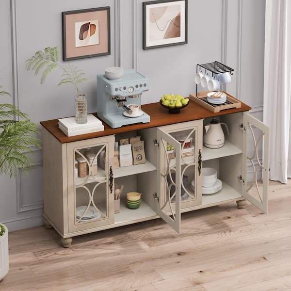 Beige 59.45 in. Display Cabinet Elegant European Antique Style 4-Door Cabinet with Tempered Glass Doors