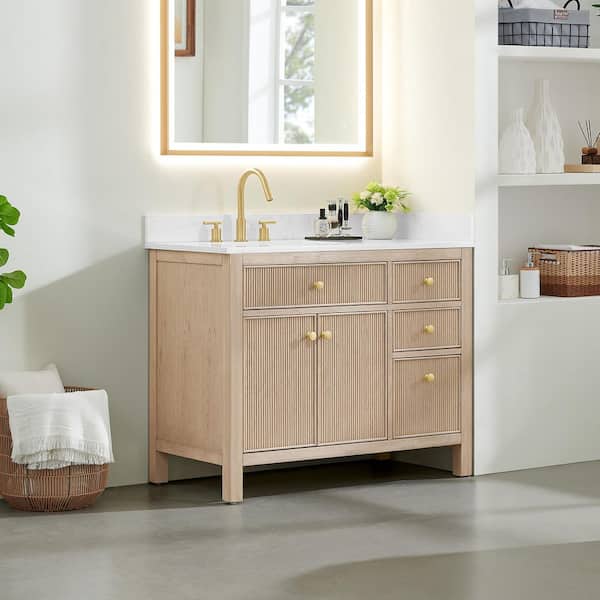 Cerrito 42 in. Single Freestanding Natural Oak Bath Vanity with Grain White Engineered Stone Top Assembled