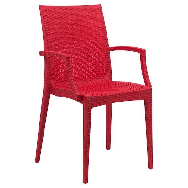 Leisuremod Red Mace Modern Stackable Plastic Weave Design Indoor Outdoor Dining Chair with Arms