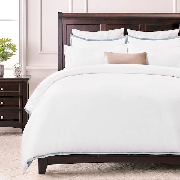 CHANASYA 3-Piece Ribbon Embroidered Blue Solid Color Microfiber Duvet Cover Set, Queen