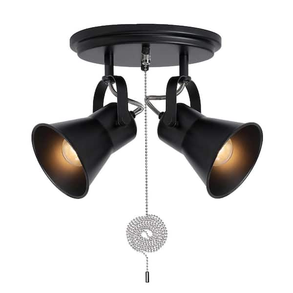 2-Light Black Industrial Round Track Ceiling Light with Pull Chain, Adjustable Heads for Kitchen