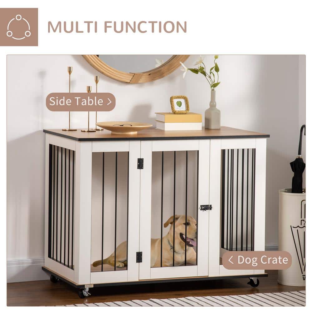 Large White Rolling Dog Crate Table with Steel Bars