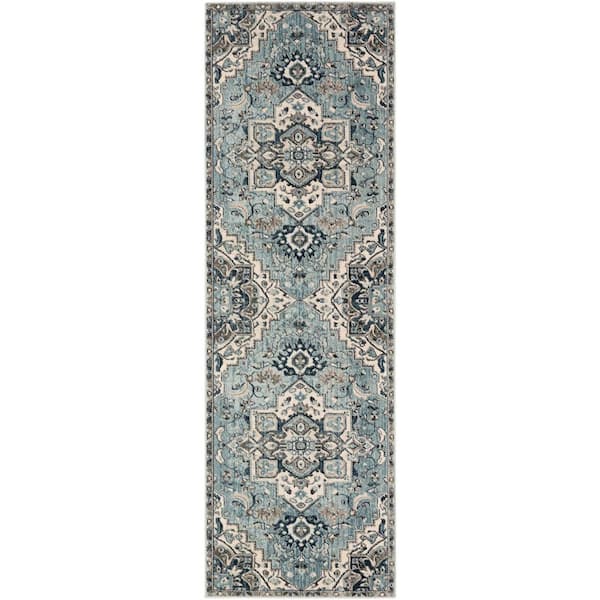 Cairo Teal/Ivory 2 ft. 6 in. x 7 ft. 10 in. Oriental Runner Rug