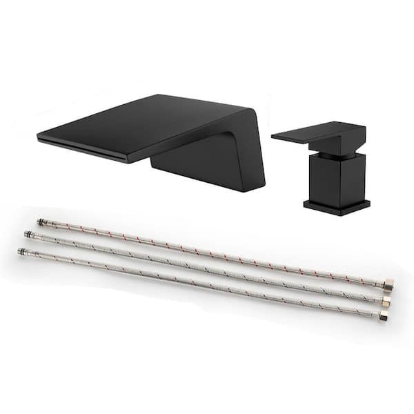 WELLFOR Single Handle Deck-Mount Waterfall Roman Tub Faucet in Matte Black