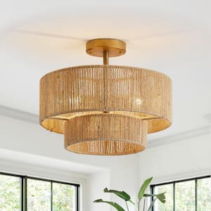 15.4 in. 3-Light Bohemian Antique Gold 2-Tier Drum Semi- Flush Mount with Natural Jute Rope Shade