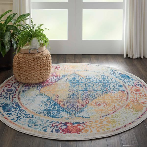 Global Vintage Ivory/Multicolor 6 ft. x 6 ft. Oriental Vintage Round Area Rug